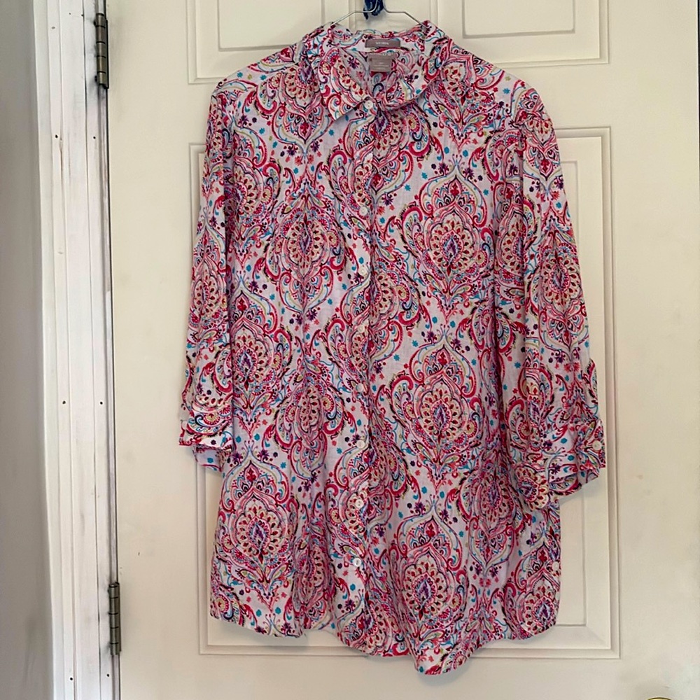 Paisley Boho 3/4 Sleeve Chicos Size 3P (XLP) no-iron Pink Office‎ Casual Blouse